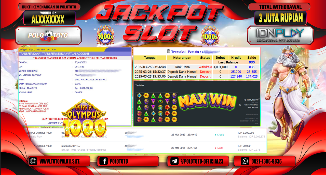 POLOTOTO JACKPOT SLOT GATES OF OLYMPUS 1000 Rp.3.000.000,- LUNAS