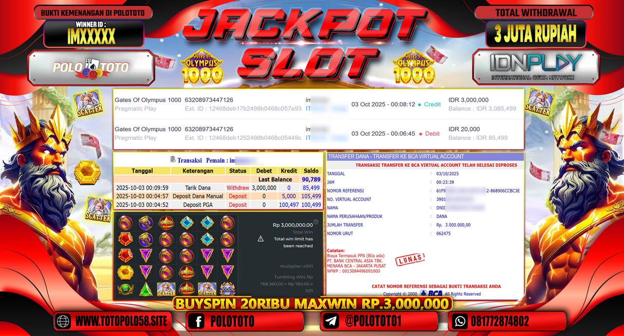 POLOTOTO JACKPOT SLOT GATES OF OLYMPUS 1000 Rp.3.000.000,- LUNAS