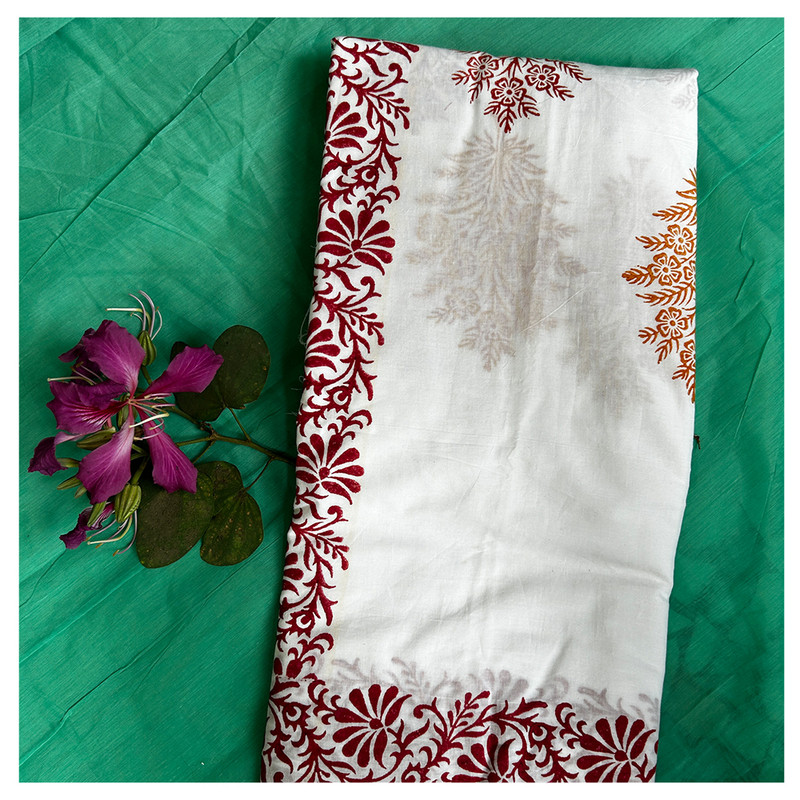 Hand Block Printed White Cotton Saree with Maroon and Rust Floral Buttis