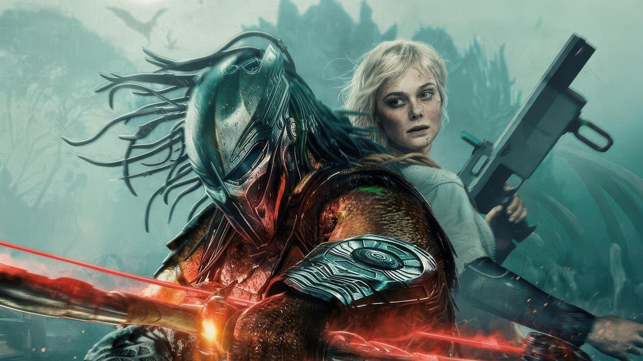 Key art for the 2025 sci-fi action film Predator: Badlands shows the films primary protagonists Dek and Thia back to back with their weapons at the ready.