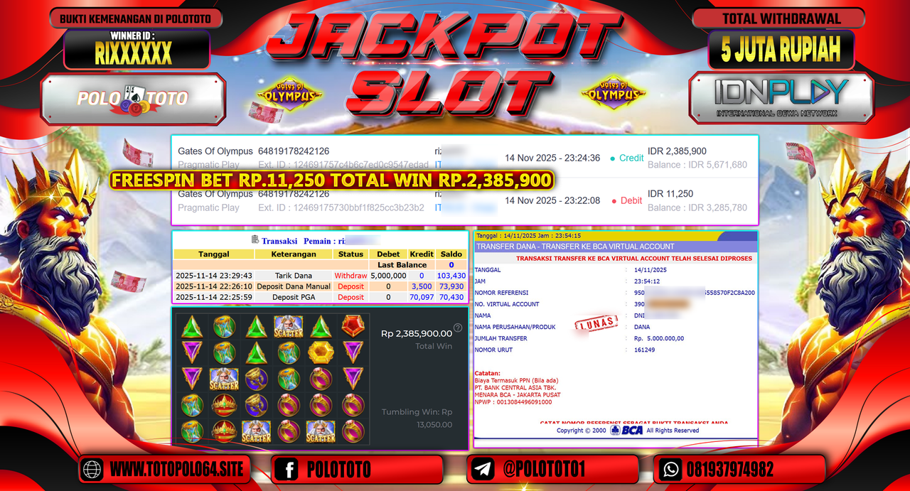 POLOTOTO JACKPOT SLOT GATES OF OLYMPUS Rp.5.000.000,- LUNAS