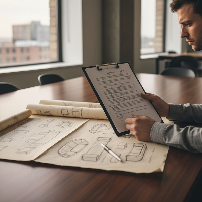 Организатор мероприятия внимательно изучает договор и чек-лист по выбору поставщика для аренды мебели.