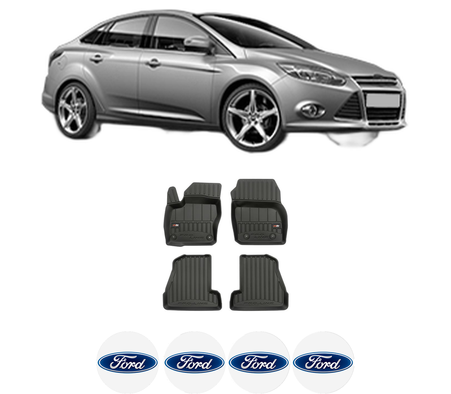 Set covorase presuri FORD FOCUS III Saloon din 2010-2020, auto, din cauciuc thermoplastic, 4 Stickere auto cu FORD