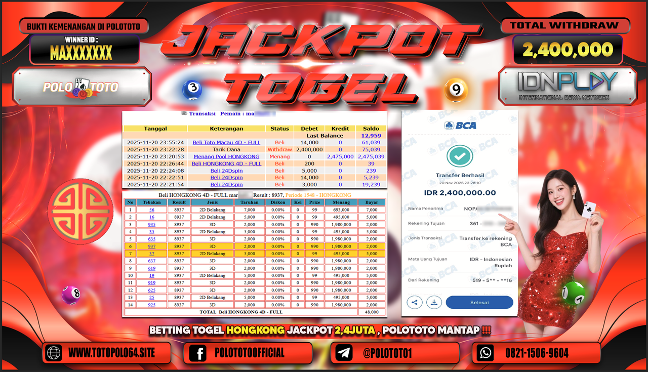 POLOTOTO JACKPOT TOGEL MENANG HONGKONG LOTTO Rp.2.400.000,- LUNAS