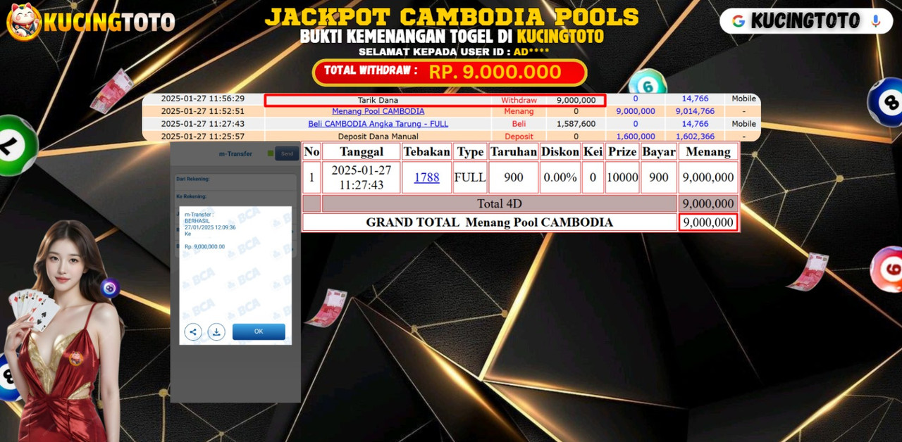 KUCINGTOTO JACKPOT TOGEL CAMBODIA POOLS RP.9.000.000.,- LUNAS
