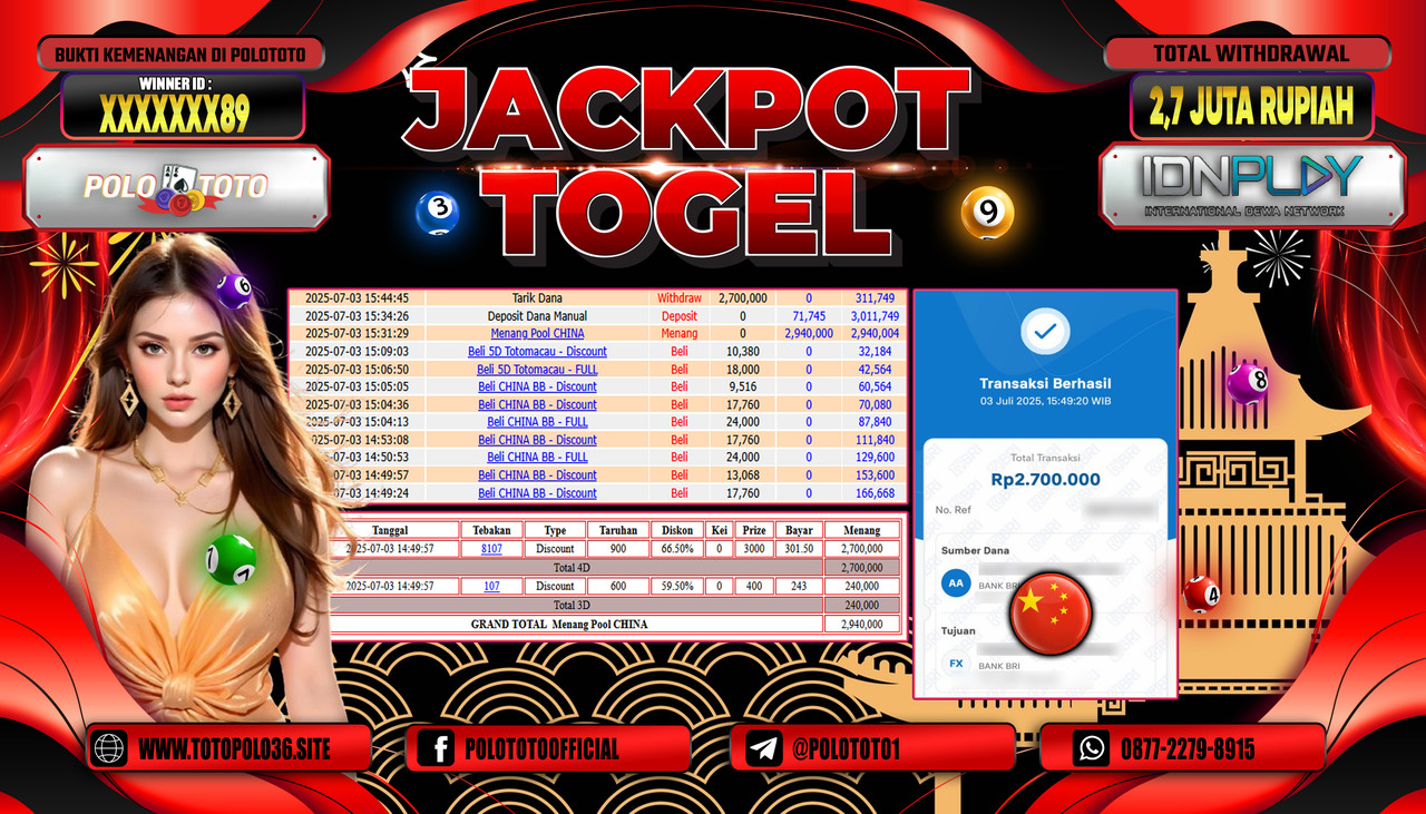 POLOTOTO JACKPOT TOGEL POOL CHINA Rp.2.700.000,- LUNAS