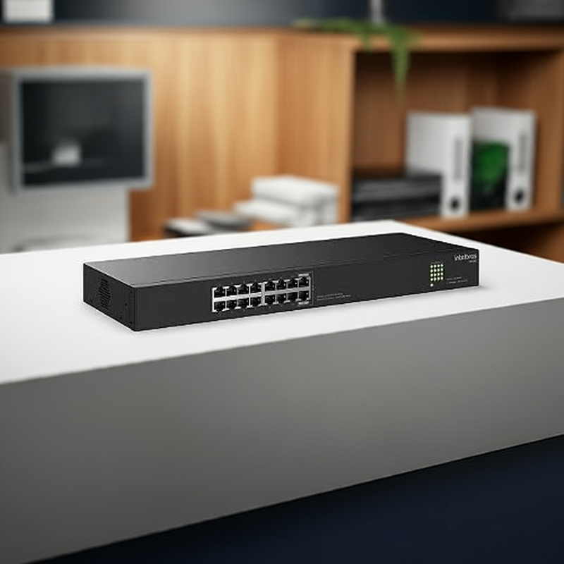 Vista superior do Switch Intelbras S1116G, mostrando os indicadores LED e o design compacto.