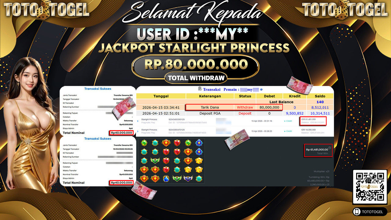 Bukti Pembayaran Jackpot Permainan Slot Starlight Princess ID:***MY**LUNAS