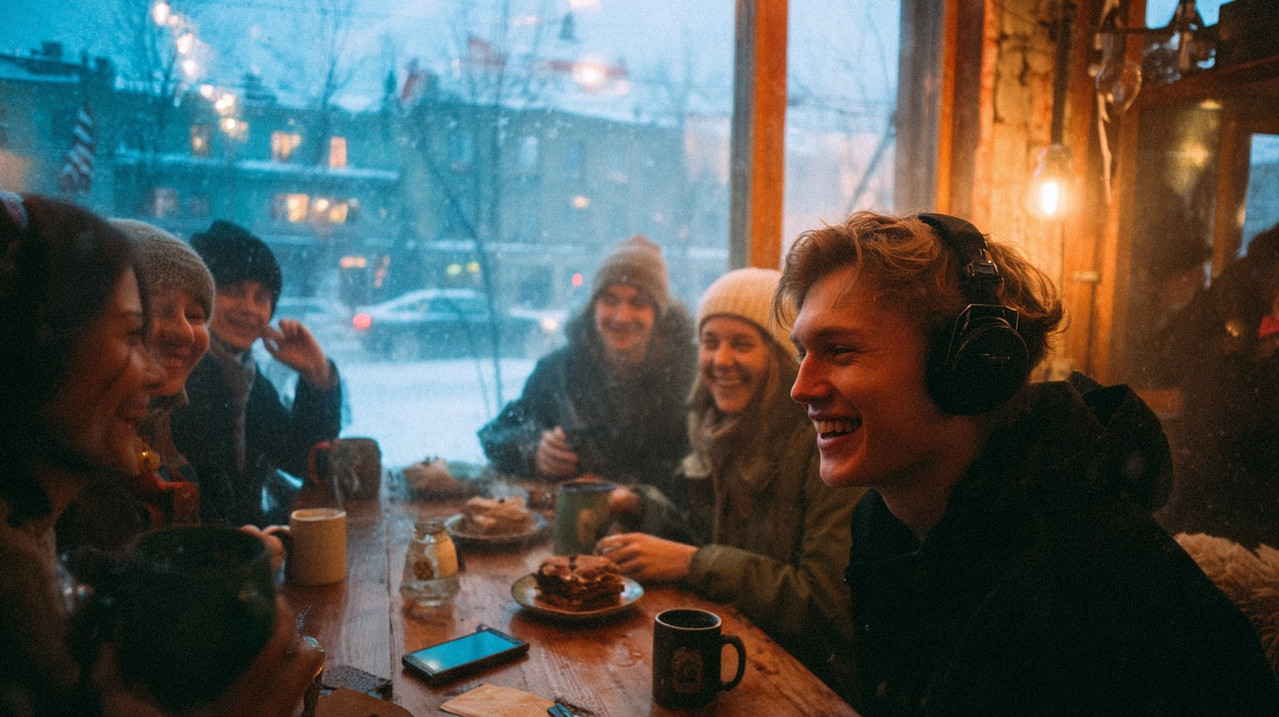 Именинник в наушниках слушает персональную песню в кругу друзей в уютном кафе, за окном заснеженная улица Томска.