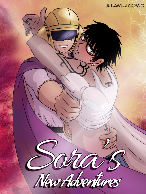 Colored cover page. Luffy and Law striking a pose reminiscent of yaoi manga. Title: Sora's New Adventures. Note: A Lawlu Comic. Luffy is cosplaying Sora, Warrior of the sea, pointing a futuristic gun at the viewer. Law, wearing nerd glasses, clings to him looking completely smitten, blushing hard.