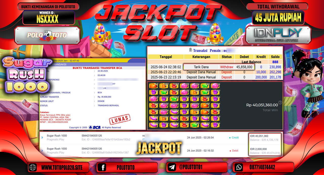 POLOTOTO JACKPOT SLOT SUGAR RUSH 1000 Rp.45.000.000,-