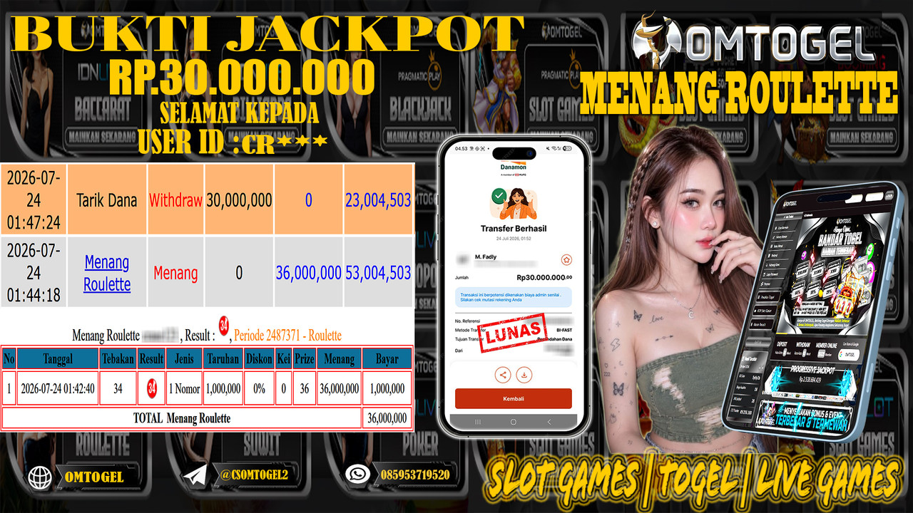 OMTOGEL JACKPOT MENANG ROULETTE  Rp,30,000,000,- DIBAYAR LUNAS