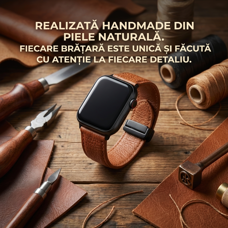 Curea din piele naturala pentru Apple Watch 9 / 10 / Ultra 2 / Ultra 3 Daden®, Universala, 42/44/45/46/47/49mm, Calitate Premium, Handmade, Negru