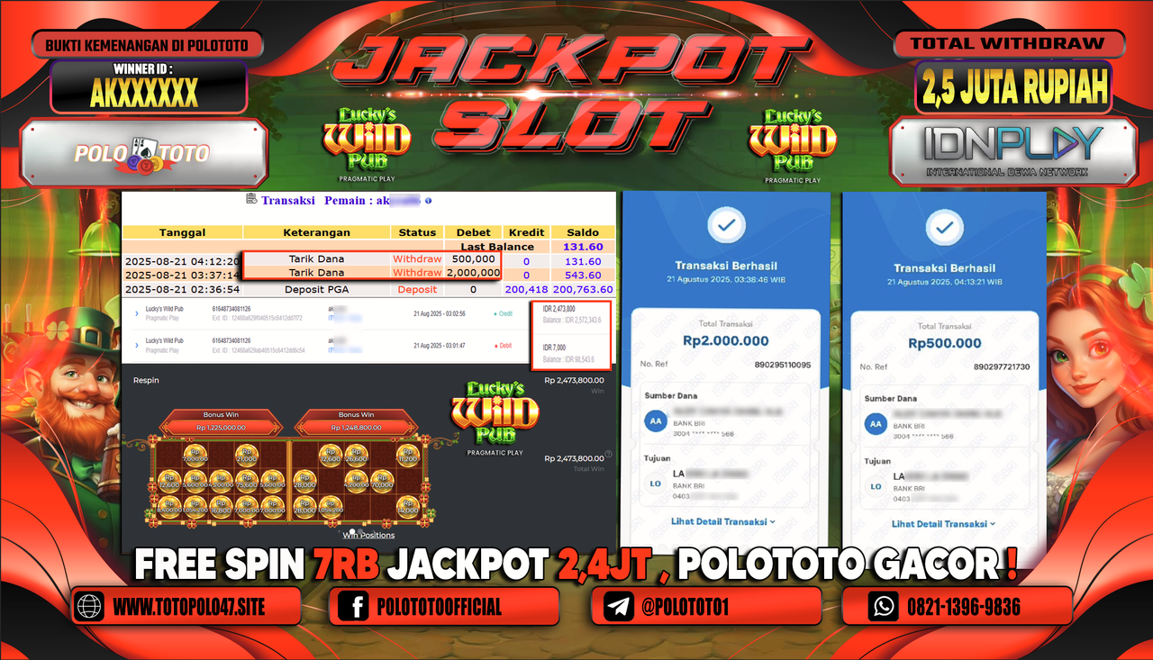 POLOTOTO JACKPOT SLOT LUCKYS WILD PUB Rp.2.500.000,-