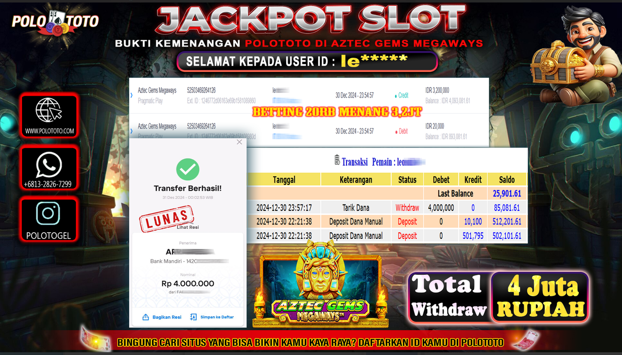 POLOTOTO JACKPOT SLOT AZTEC GEMS MEGAWAYS Rp.4,000.000,-