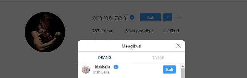 Ammar Zoni hanya follow satu akun yaitu milik istri tercinta Irish Bella