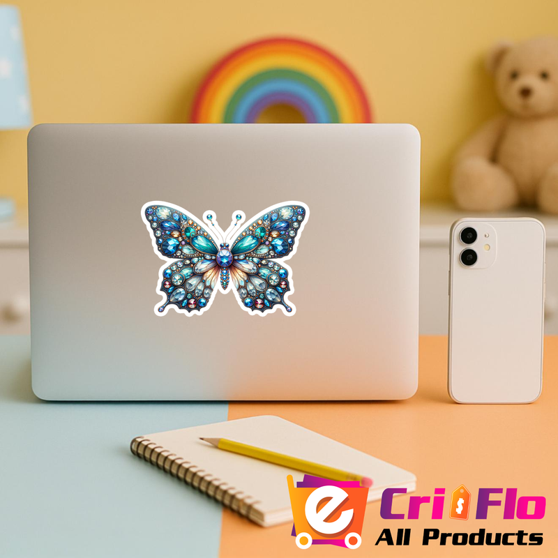 Sticker Fluture turcoaz si alb cu accente pretioase decorate, Autoadeziv, Cri-Flo, Marime 25 cm