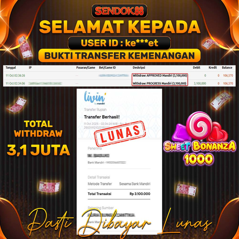 SENDOK88 JEPE! SWEET BONANZA 1000 Rp 3.100.000,- LUNAS!