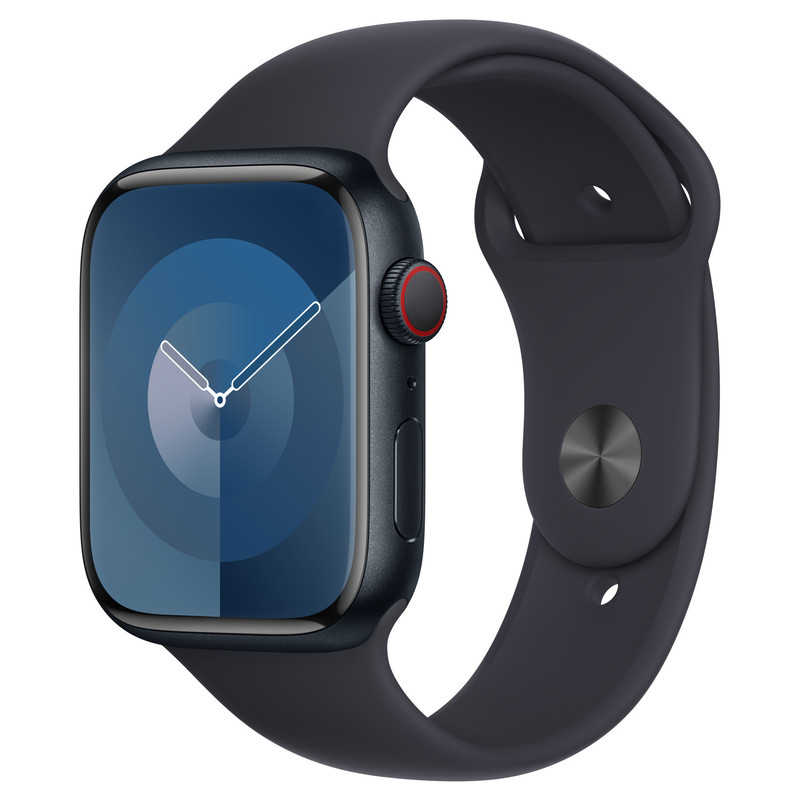 Apple Watch Series 9 en caja de aluminio color Medianoche con correa deportiva a juego.