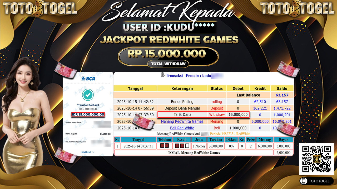 Bukti Pembayaran Jackpot Permainan Live Games Red White  ID:KUDU**** LUNAS
