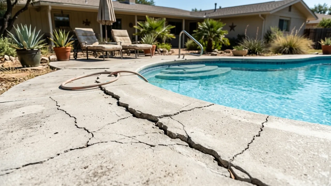 Cracked concrete pool deck in San Antonio needing repair