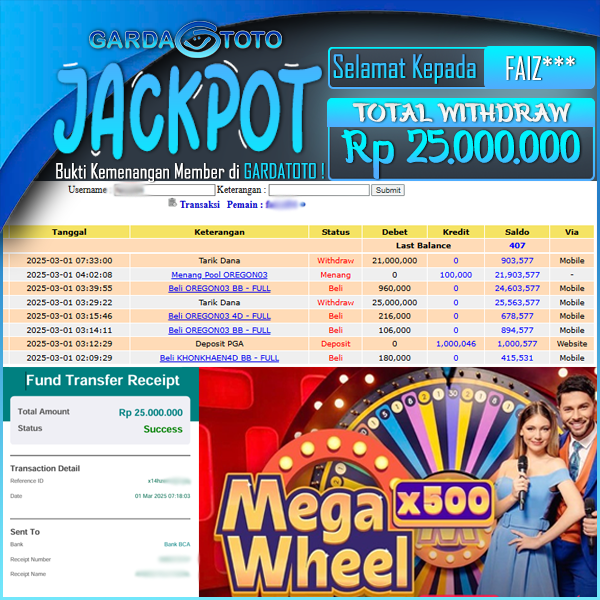 JACKPOT MEGA WHEEL WD Rp 25.000.000,- DIBAYAR LUNAS GARDATOTO MANTAP !
