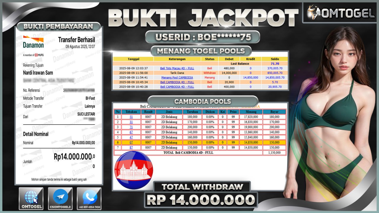 OMTOGEL JACKPOT CAMBODIA 2D 14 JUTA DI BAYAR LUNAS ,-