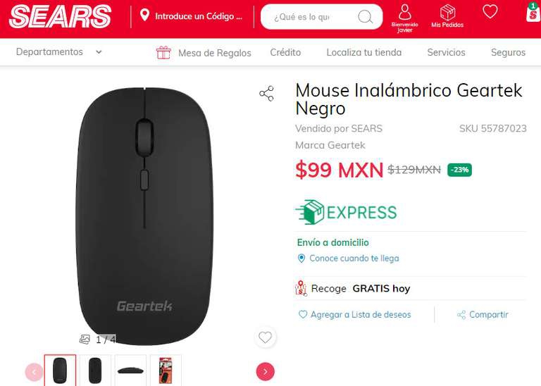 SEARS: Mouse inalámbrico 'Geartek' (compra en linea) 
