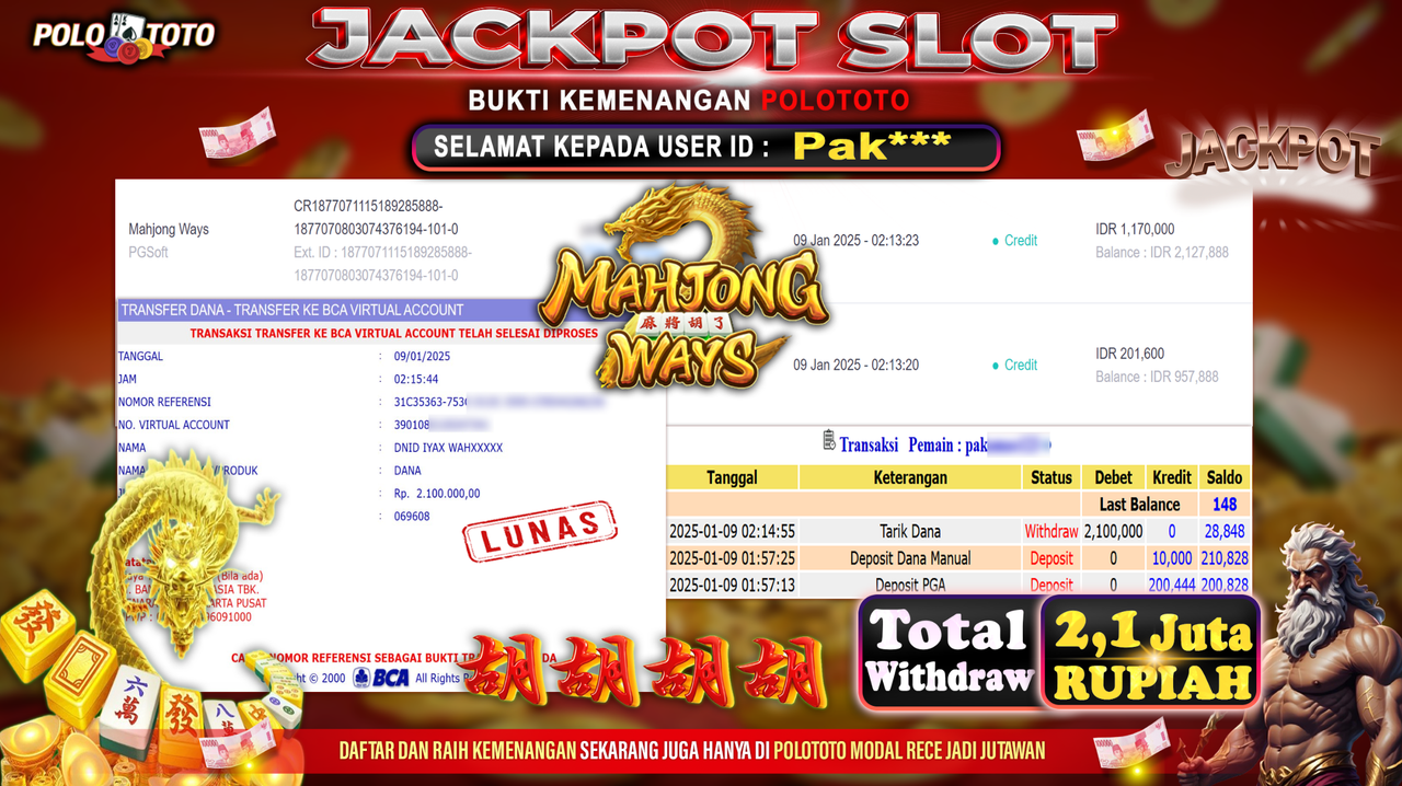 POLOTOTO JACKPOT SLOT MAHJONG WAYS Rp.2,100.000,-