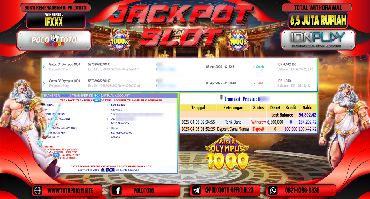 POLOTOTO JACKPOT SLOT GATES OF OLYMPUS 1000  Rp.6.500.000,-
