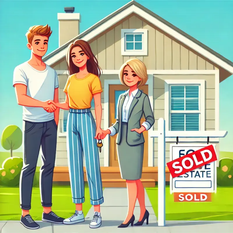 Young couple standing in front of their new home with a 'Sold' sign