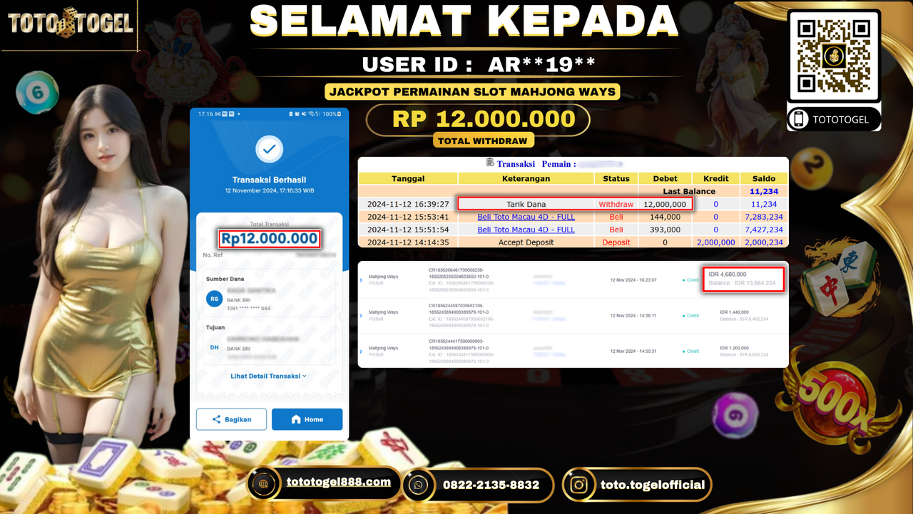 Bukti Pembayaran Jackpot Permainan Slot Mahjong Ways ID: AR**19** LUNAS 