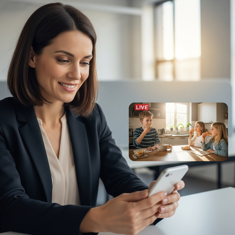 Parent using smartphone to check home security camera showing kids after school