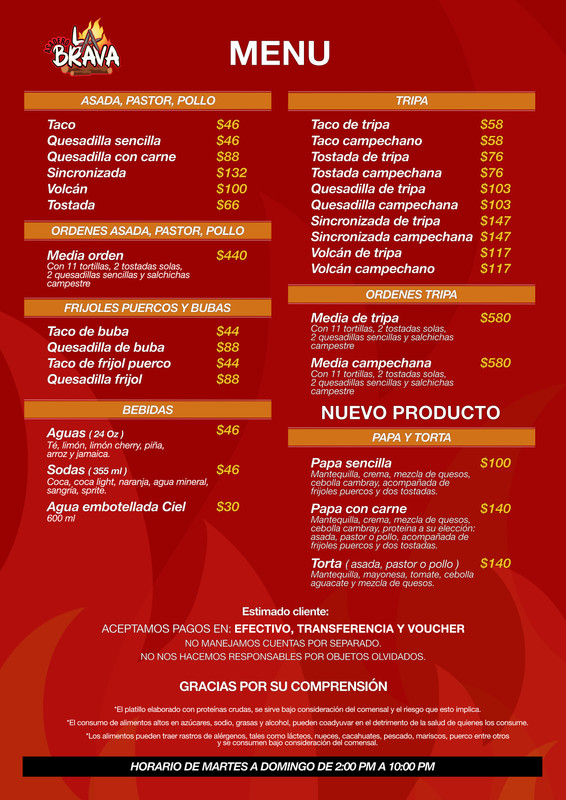 Menú Asadero La Brava
