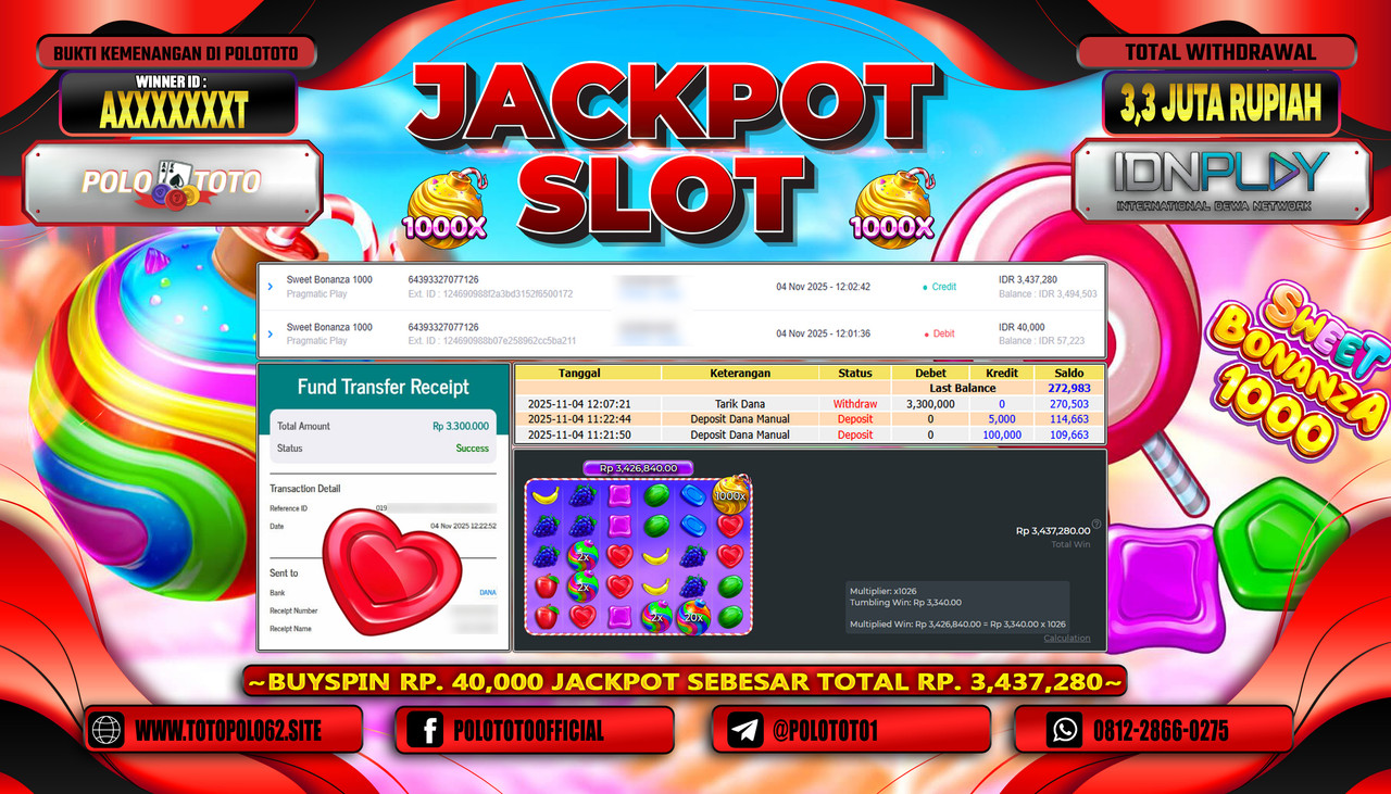 POLOTOTO JACKPOT SLOT SWEET BONANZA 1000 Rp.3.300.000,- LUNAS