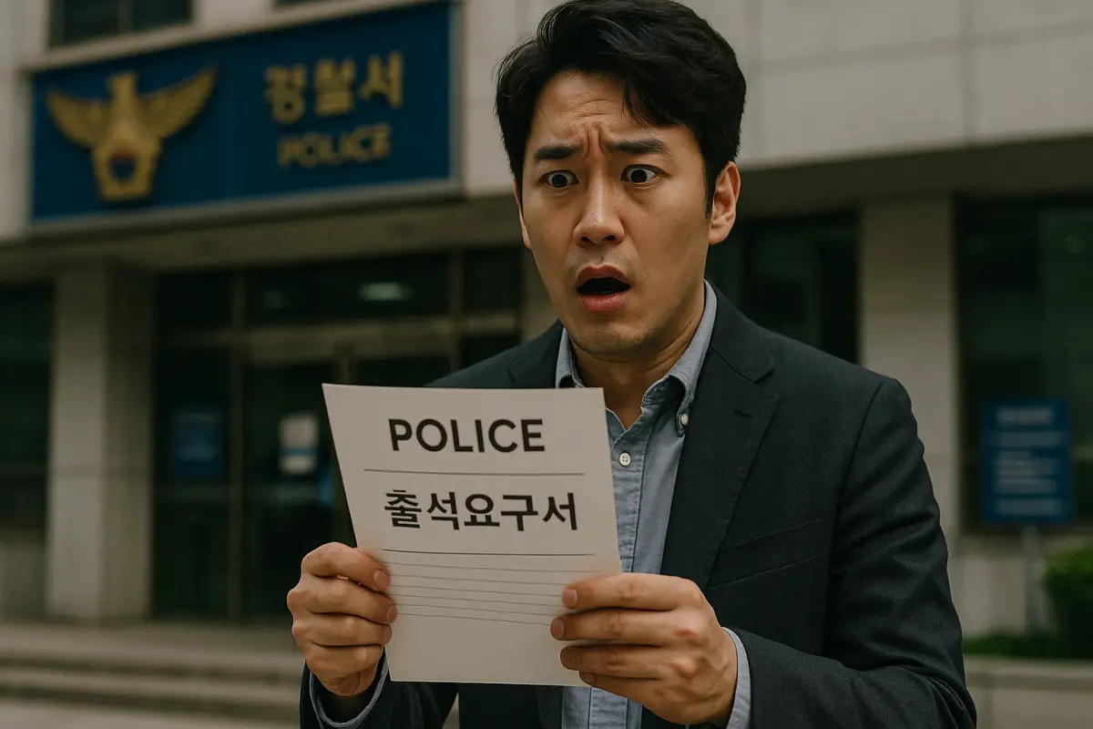 경찰서 앞에서 당황한 한국 남성, 고소 통지서 들고 있는 장면, 리얼한 현실감 표현, 와이드 비율