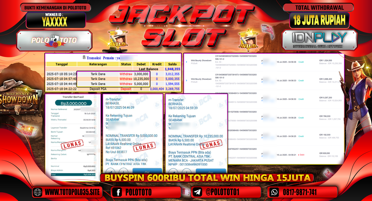 POLOTOTO JACKPOT SLOT WILD BOUNTY SHOWDOWN Rp.18.000.000,- LUNAS