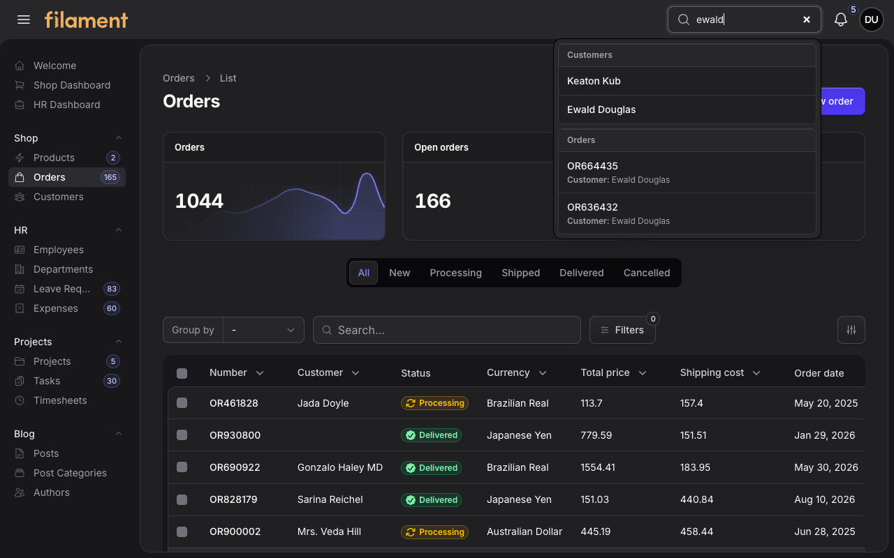 Stature Theme global search on the Shop Orders page in dark mode