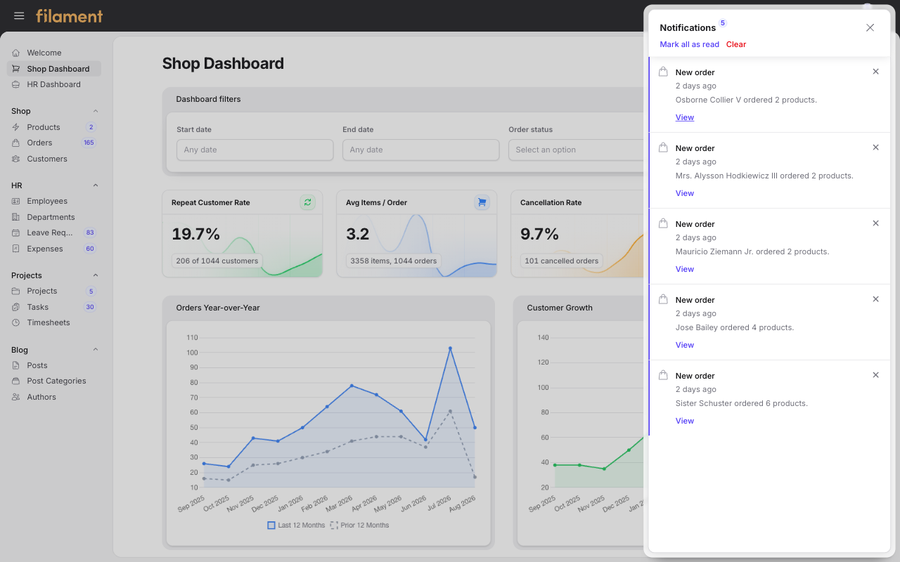Stature Theme Shop database notification panel in light mode
