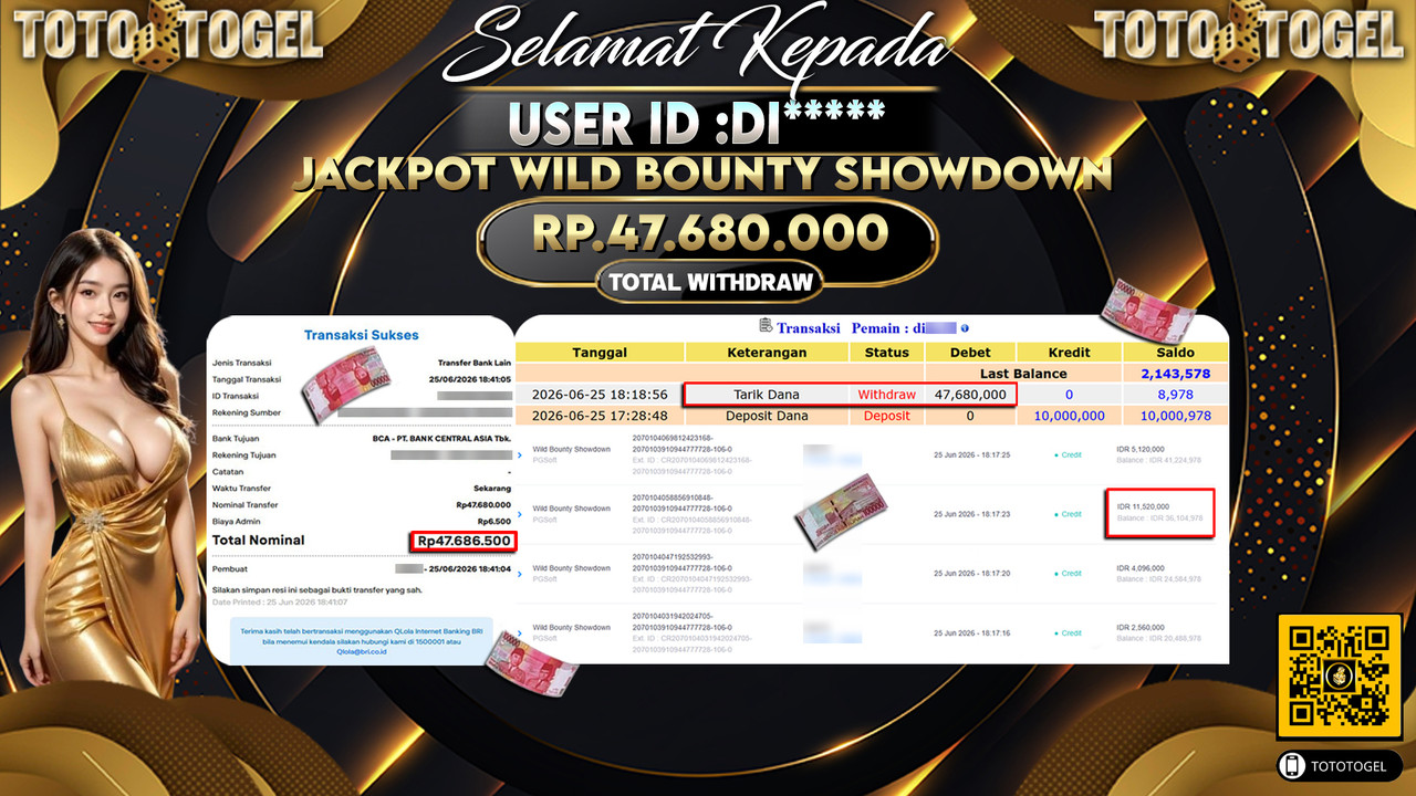 Bukti Pembayaran Jackpot Permainan Slot Wild Bounty Showdown ID:DI*****LUNAS