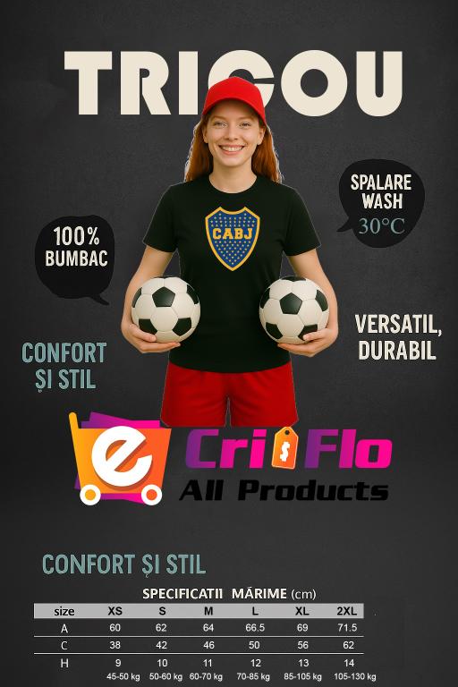 Tricou Dama cu stema/logo echipei de fotbal Boca Juniors Argentina, Cri-Flo, din bumbac 100%, Culoare Negru, Marime M