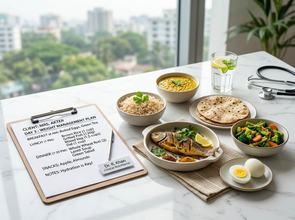 Wholesome everyday meal planning with rice, roti, dal, fish and vegetables at Fair Skins BD