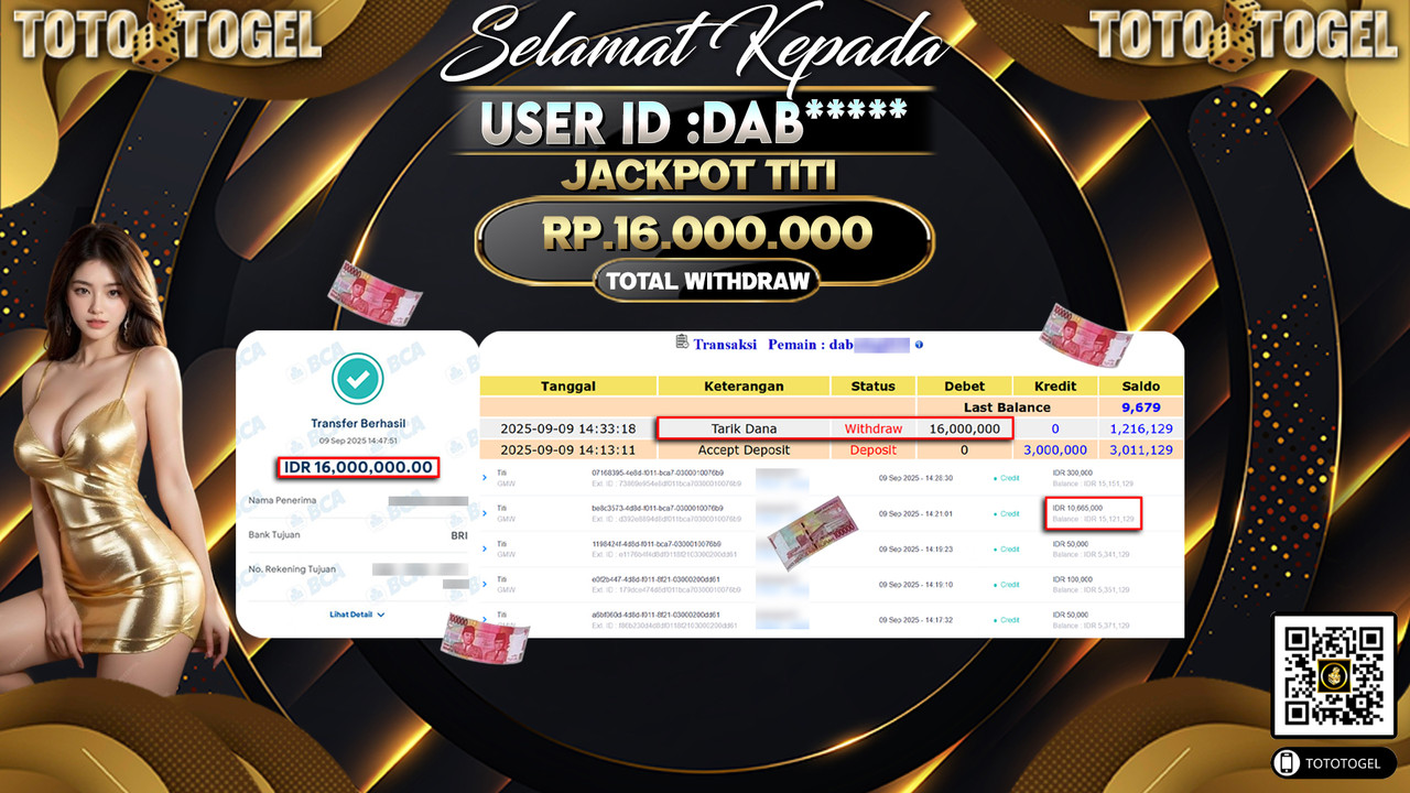 Bukti Pembayaran Jackpot Permainan Slot GMW Titi ID:DAB***** LUNAS