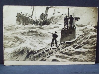 WWI-Germany-Submarine-Propaganda-Postcard-Navy-U-Boat-Sinks