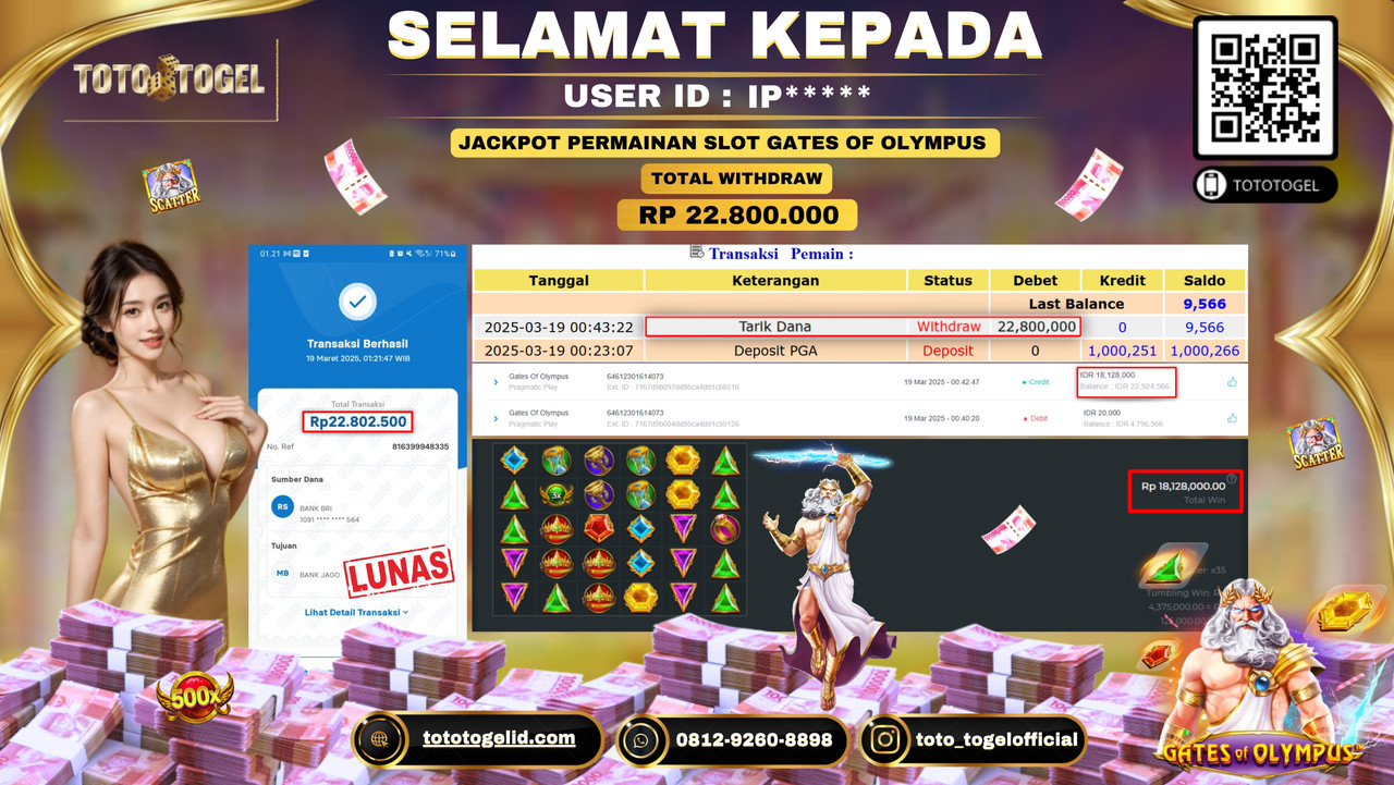 Bukti Pembayaran Jackpot  Permainan Slot Gates Of Olympus ID:IP***** LUNAS