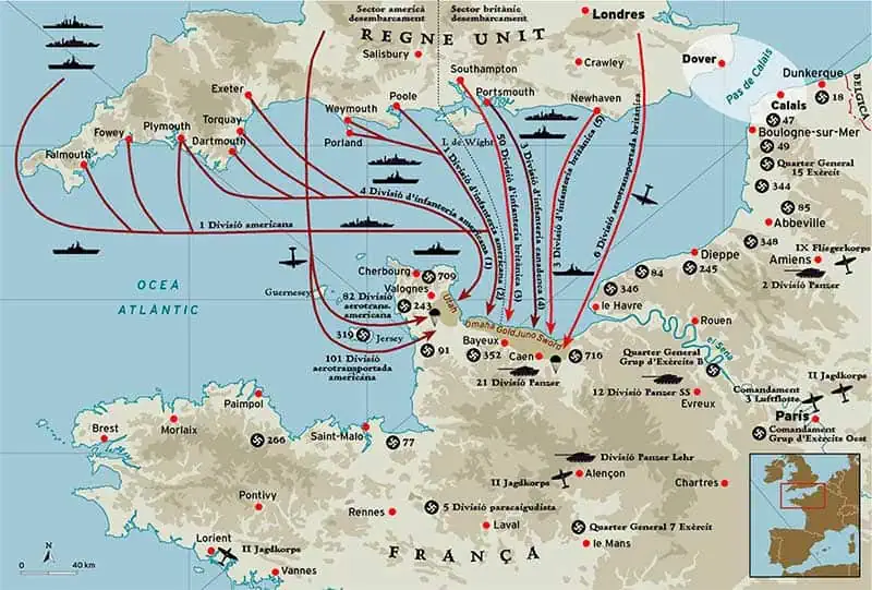 Mapa de las rutas Aliadas de asalto a Normandía, Francia