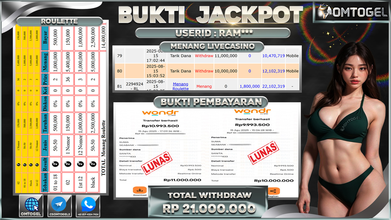 OMTOGEL JACKPOT LIVE GAMES ROULETTE 21 JUTA DI BAYAR LUNAS ,-