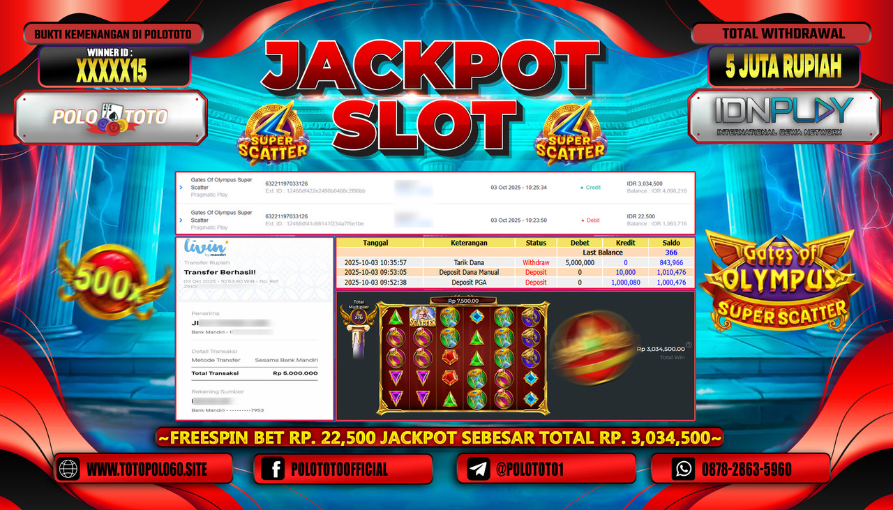 POLOTOTO JACKPOT SLOT GATES OF OLYMPUS SUPER SCATTER Rp.5.000.000,- LUNAS