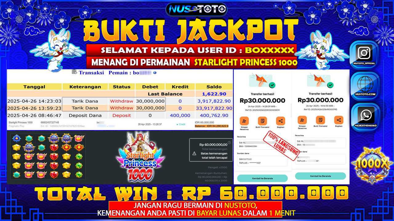JACKPOT !! MENANG BESAR DI SLOT STARLIGHT PRINCESS 1000 Rp. 60.000.000 LANGSUNG DI BAYAR LUNAS NUSTOTO !!