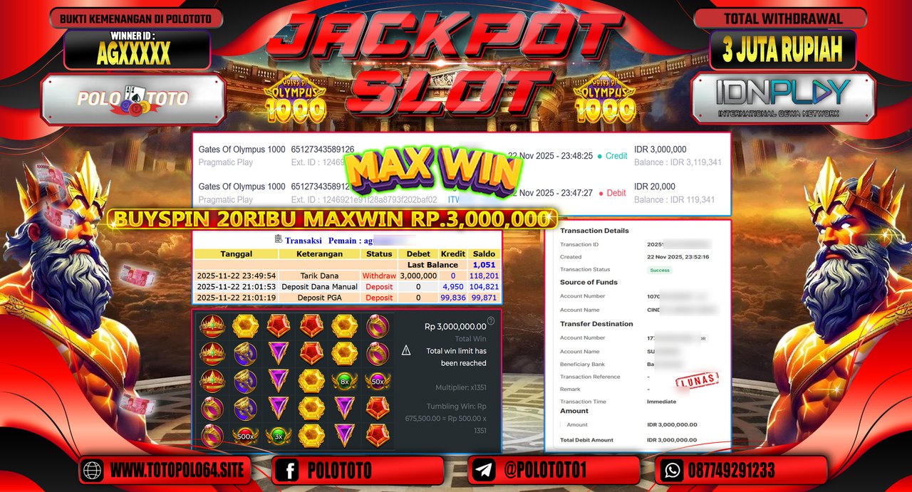 POLOTOTO JACKPOT SLOT GATES OF OLYMPUS 1000 Rp..3.000.000,- LUNAS